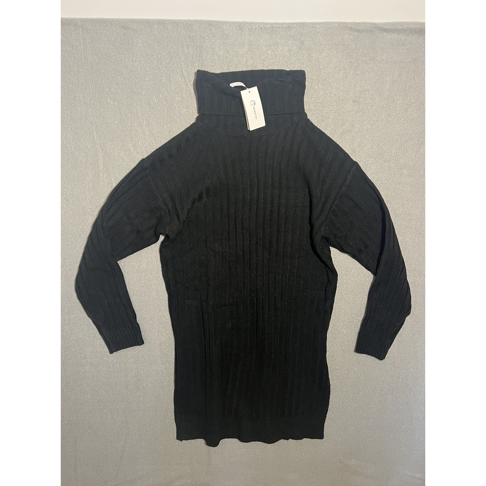 OSPETTY Women's Black Ribbed Knit Turtleneck Sweater Dress Tunic Top Size S NWT